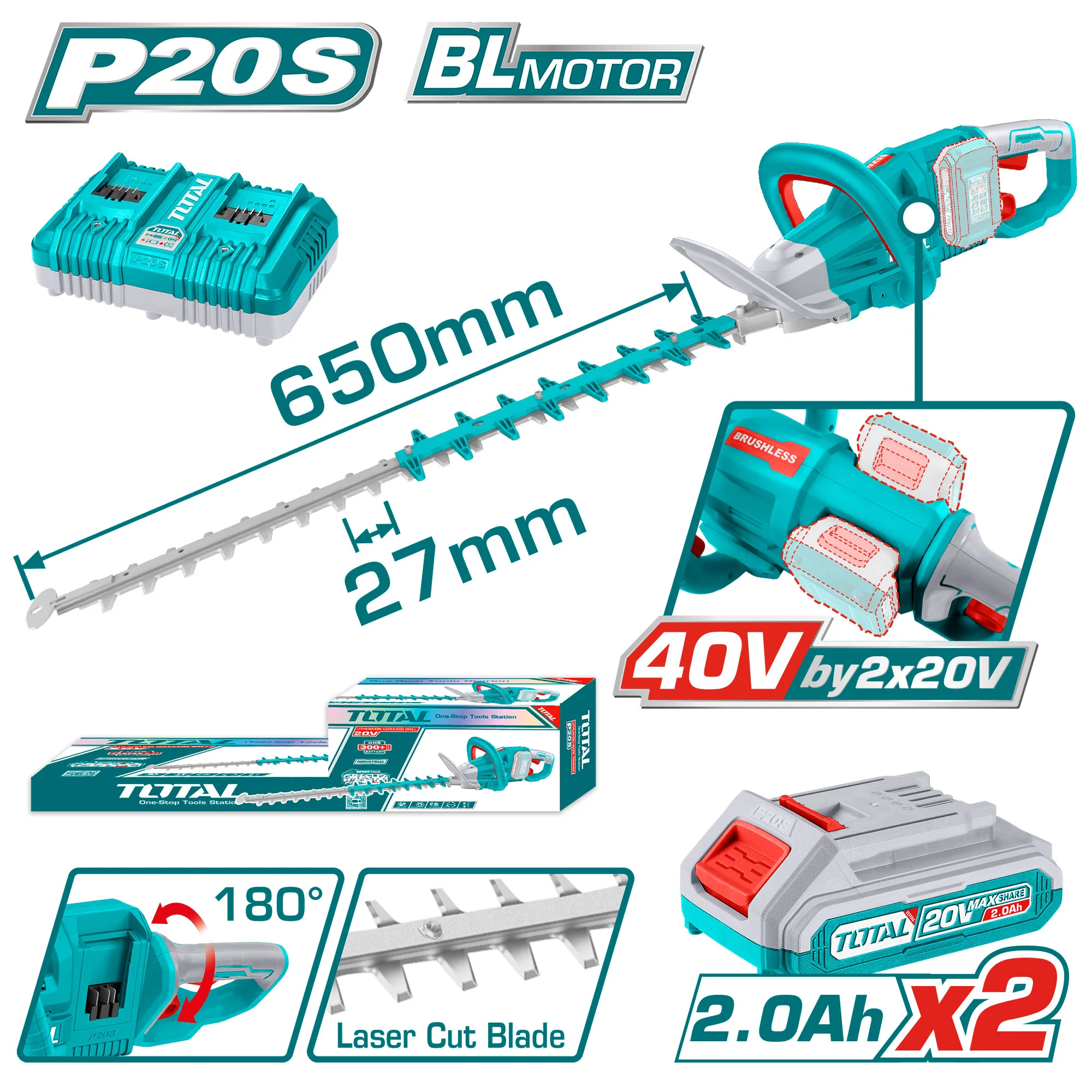 TOTAL Akumulatorske škarje za živo mejo 3600spm /650mm /P20S (SET Baterija 2x2Ah, 2xPolnilec) (THTLI400282) - slika 2